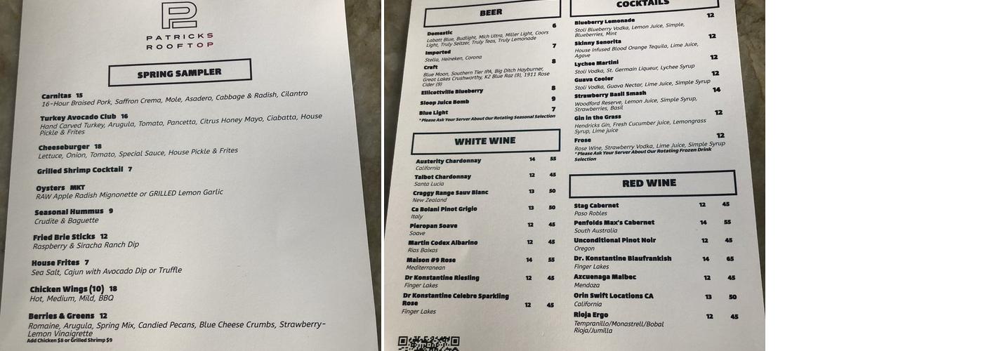 Patrick's Rooftop Menu