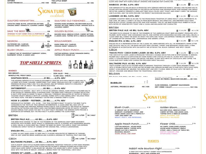 Guilford Hall Brewery Menu