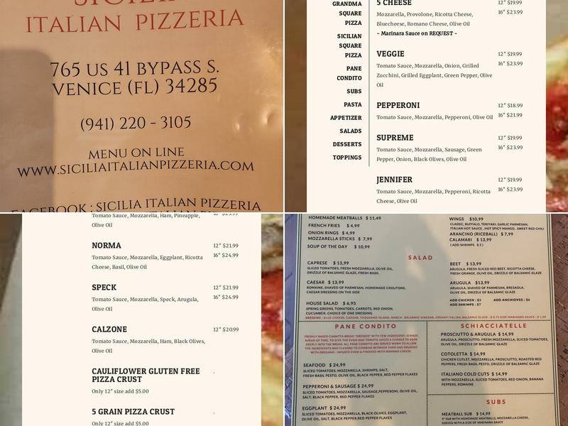 Sicilia Italian Pizzeria Menu