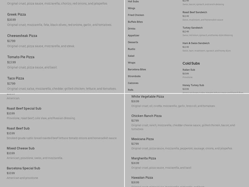 Barcelona Pizza Pike Creek Menu