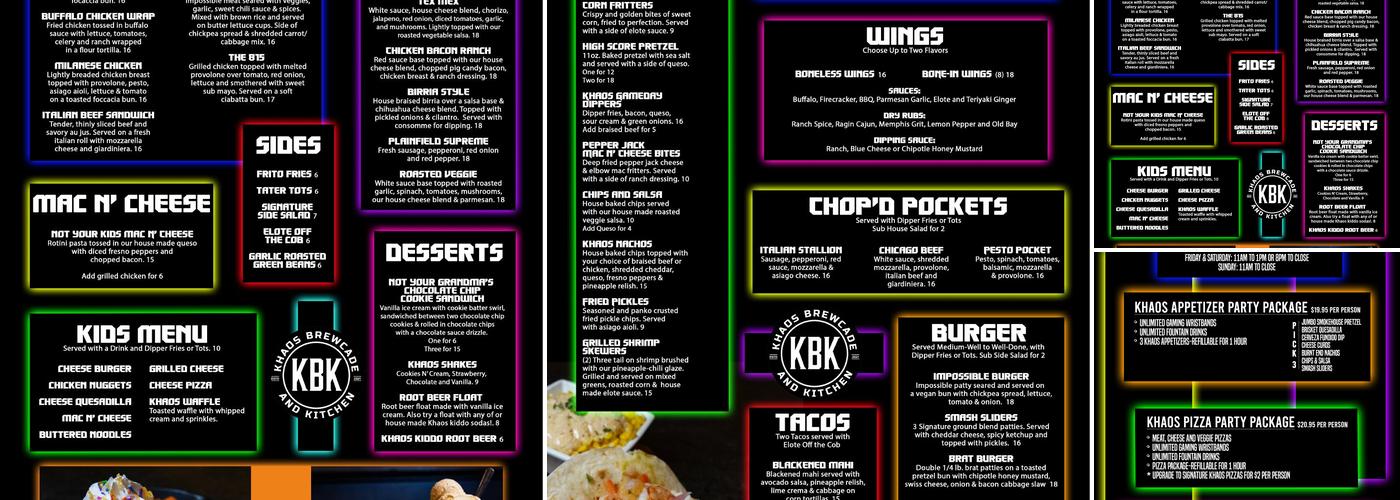 Khaos Brewcade & Kitchen Menu
