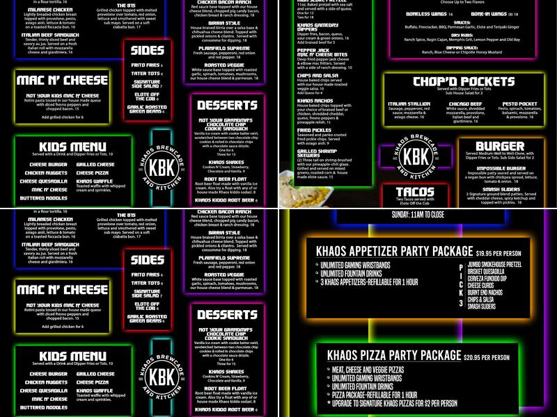 Khaos Brewcade & Kitchen Menu