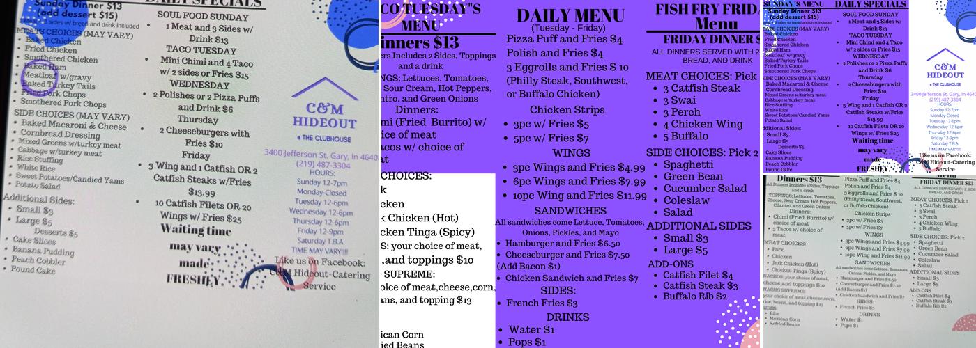 C&M Hideout Catering Service Menu