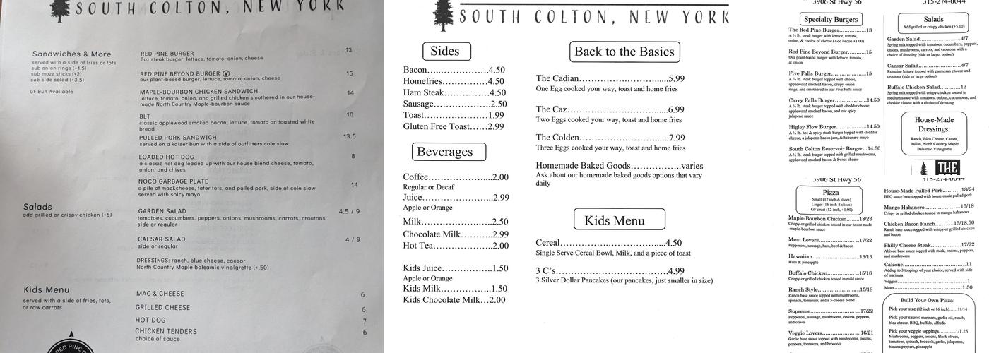 The Red Pine Cone Menu