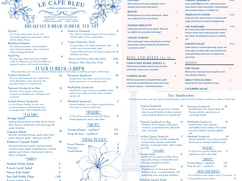 Le Cafe Bleu Menu