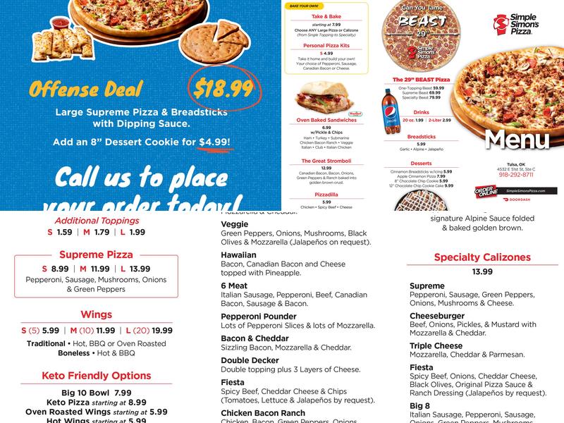 Simple Simon's Pizza Menu