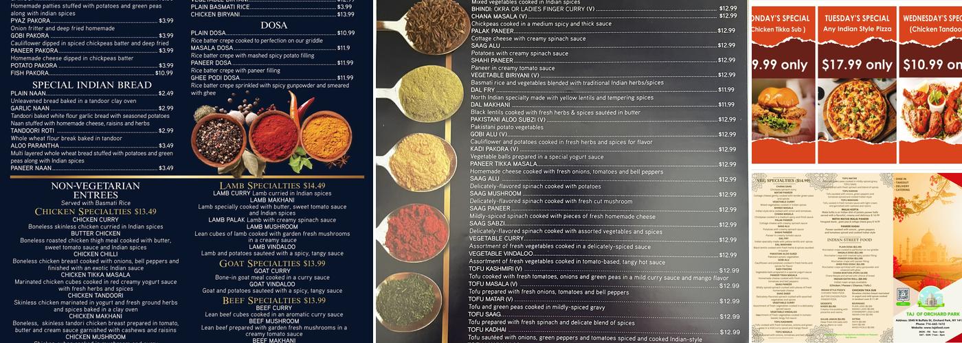 Taj of Orchard Park Menu