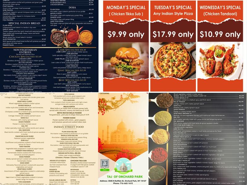 Taj of Orchard Park Menu