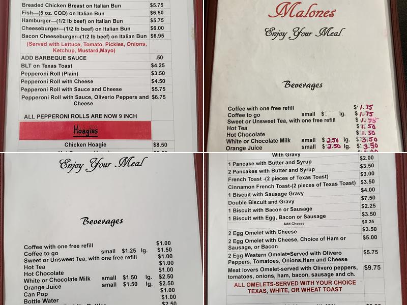 Malone's Restaurant Menu
