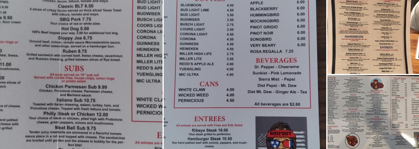 Bigfoots Bar and Grill Menu