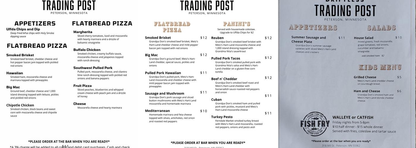 Driftless Trading Post Menu