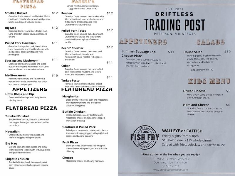 Driftless Trading Post Menu