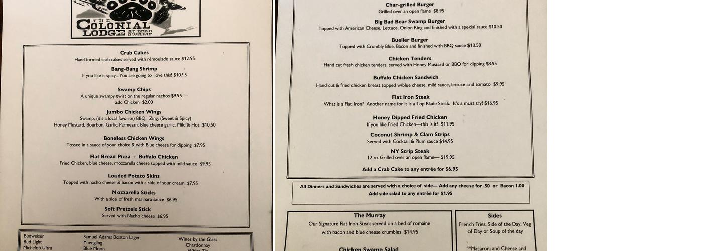 The Colonial Lodge Restaurant Menu