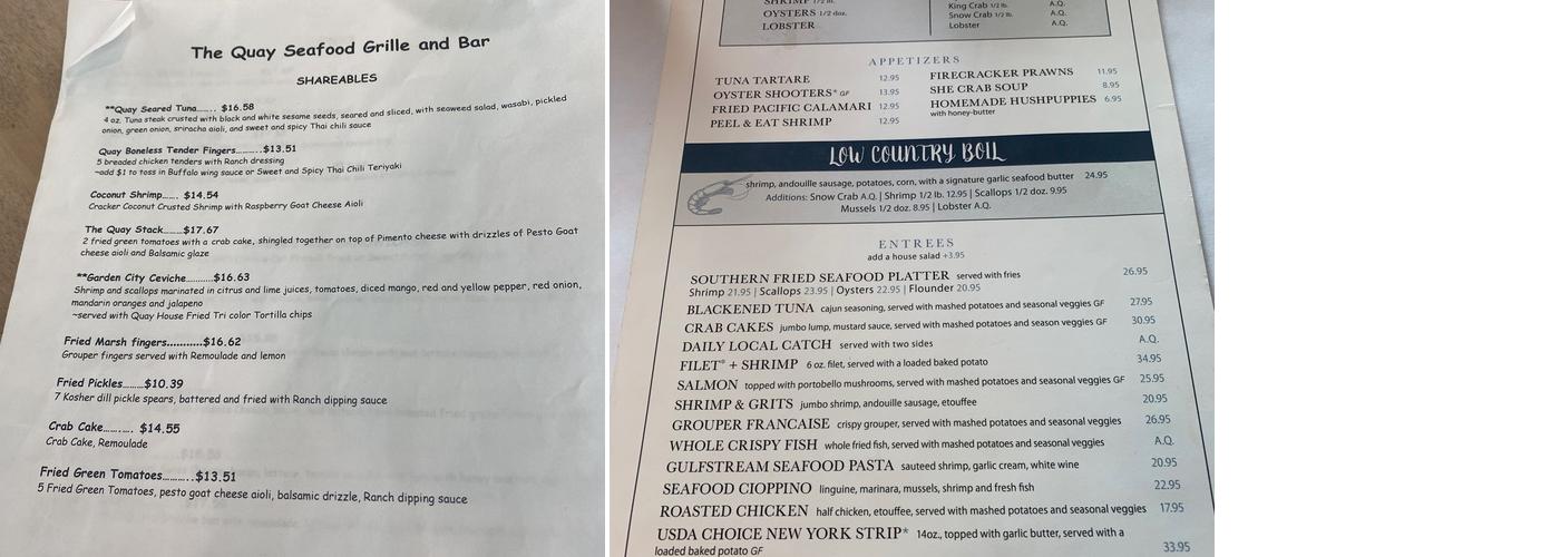 The Quay Seafood Grille Menu