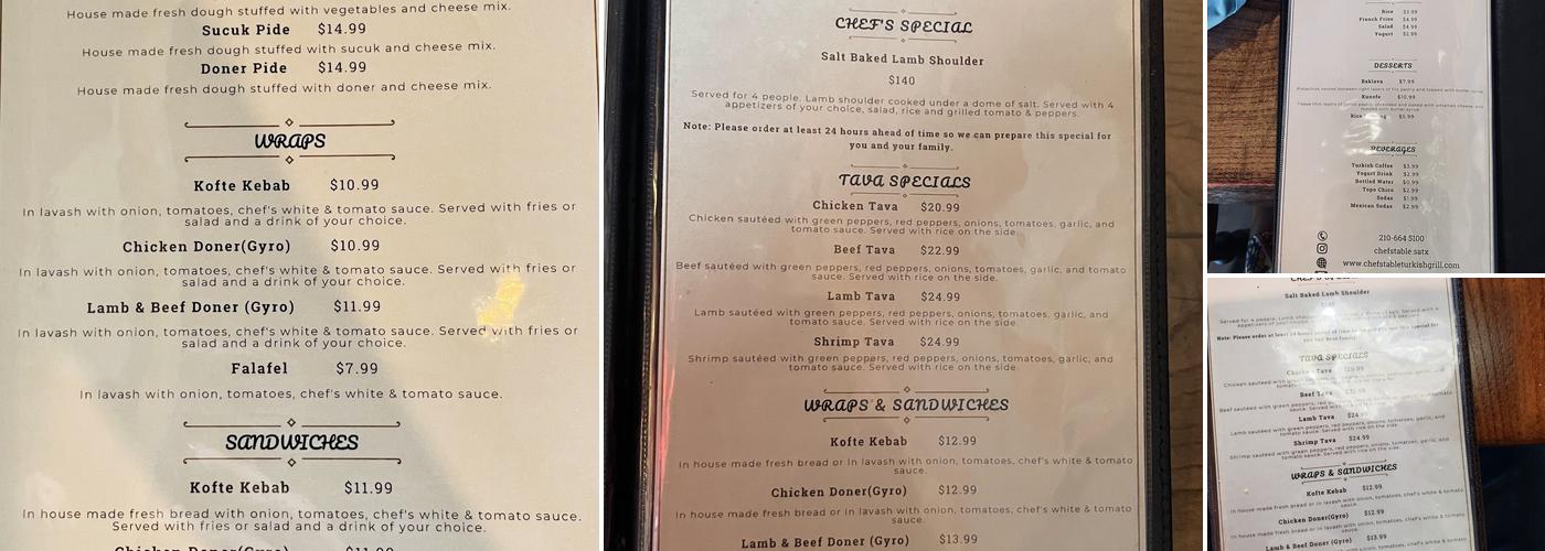 Chef's Table Turkish Mediterranean Grill Menu