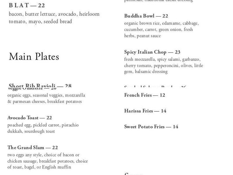 Sparrow Cafe Menu