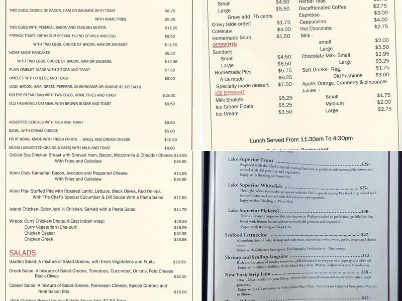 Kinniwabi Pines Restaurant Menu