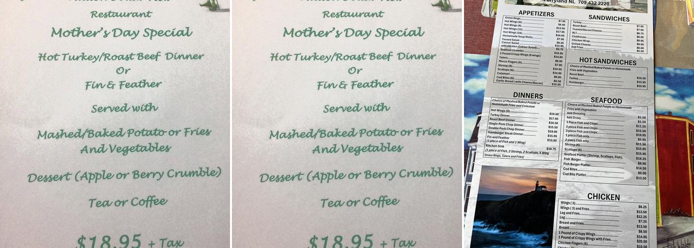 Bernard Kavanagh's Million Dollar View Restaurant Menu