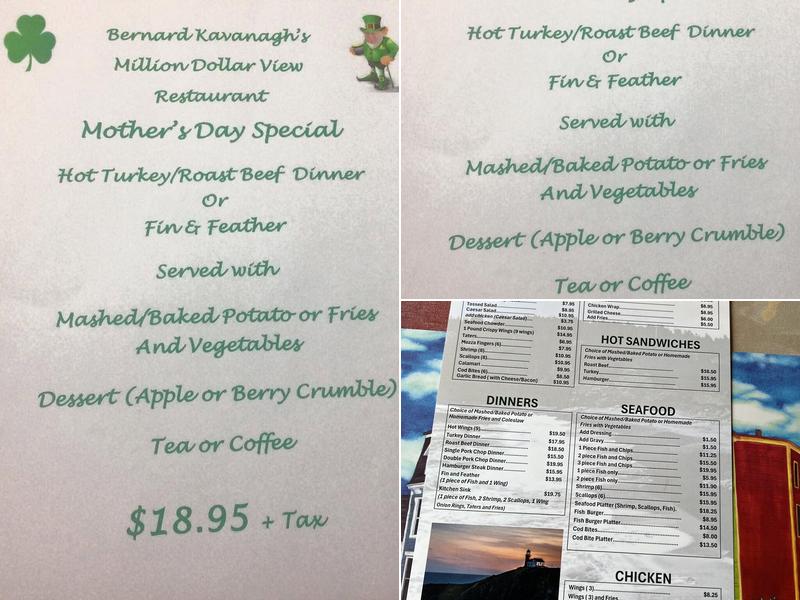 Bernard Kavanagh's Million Dollar View Restaurant Menu