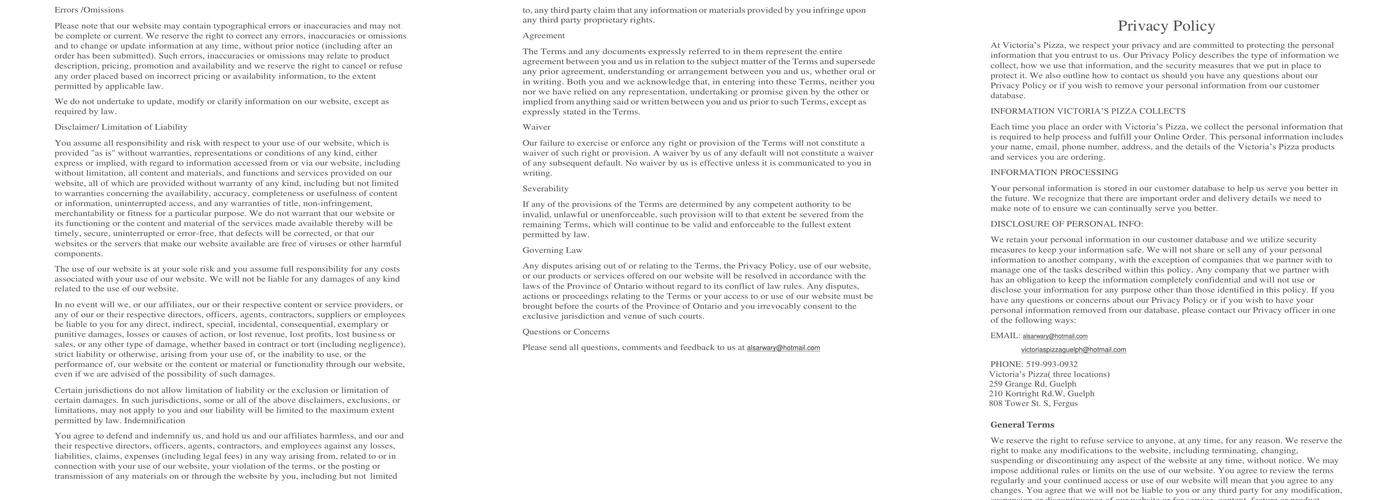 Victoria's Pizza Menu