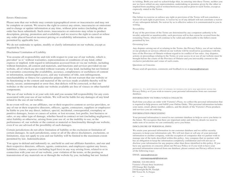 Victoria's Pizza Menu