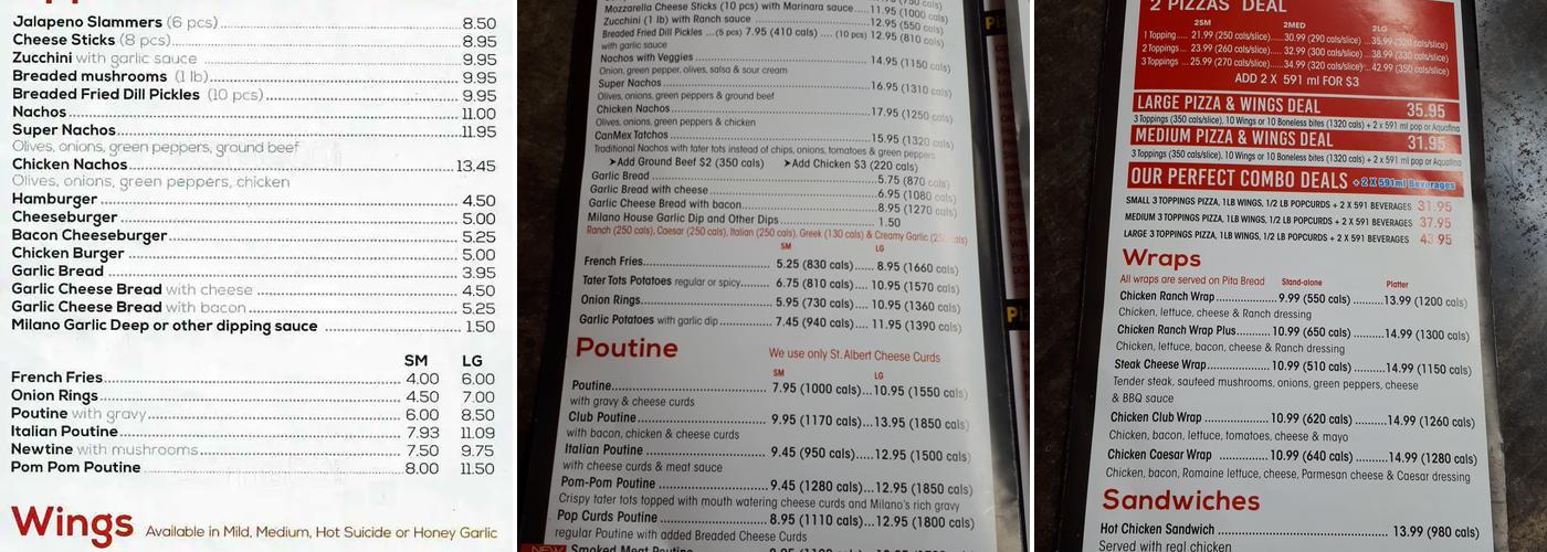 Milano Pizzeria Menu