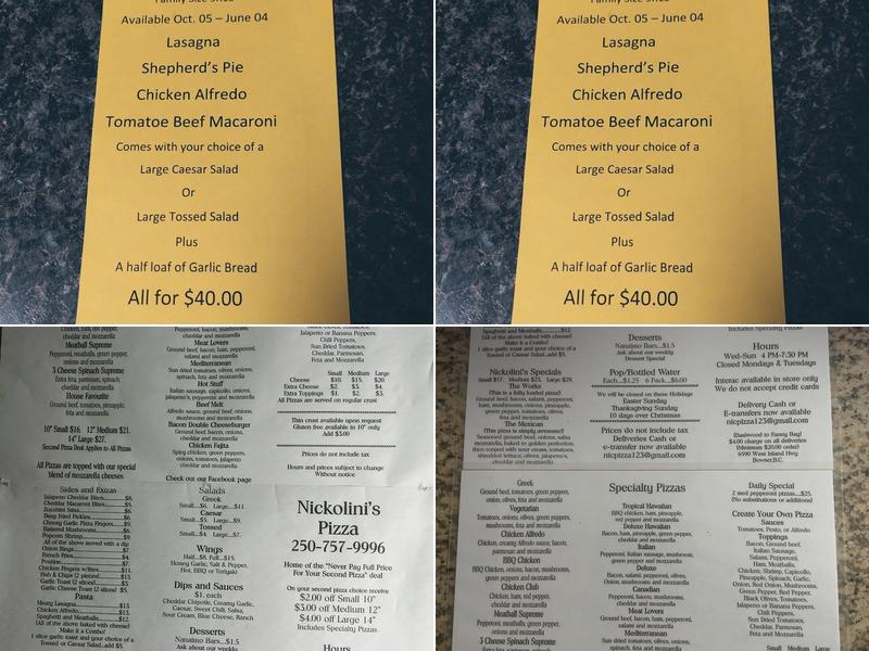 Nickolini's Pizza Menu