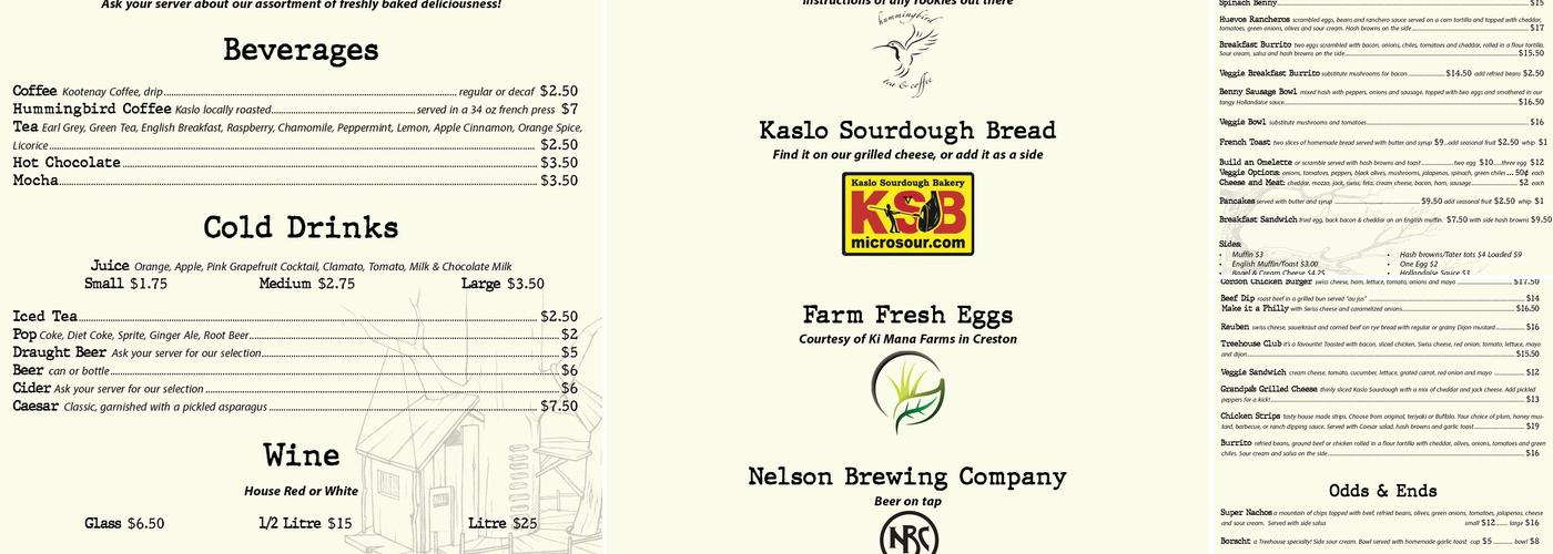 Treehouse Restaurant Menu