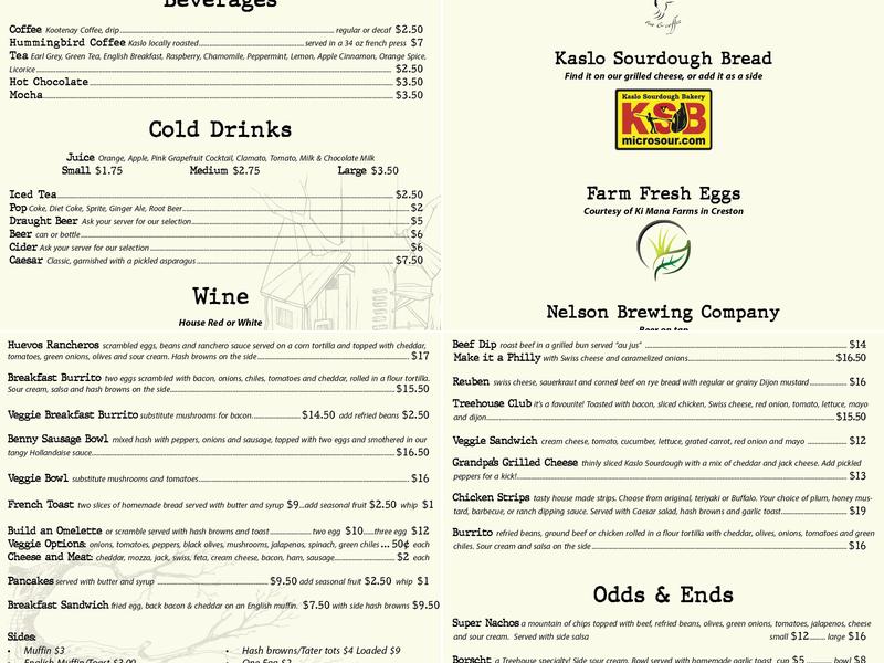 Treehouse Restaurant Menu