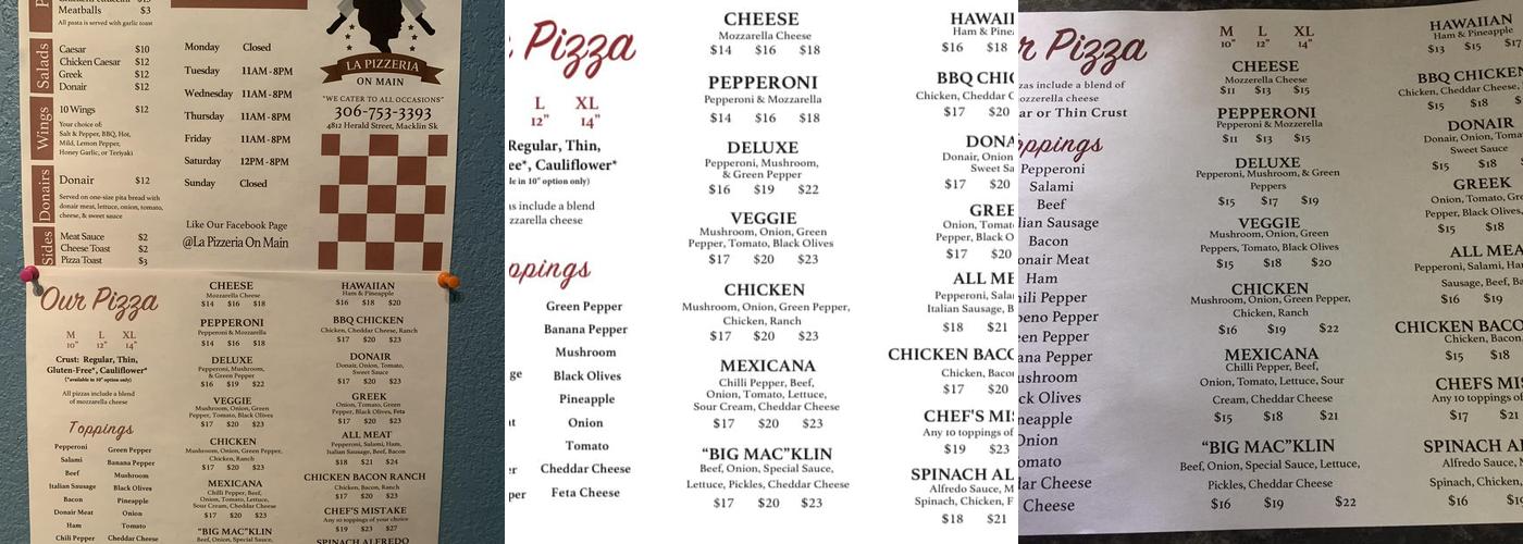 La Pizzeria On Main Menu