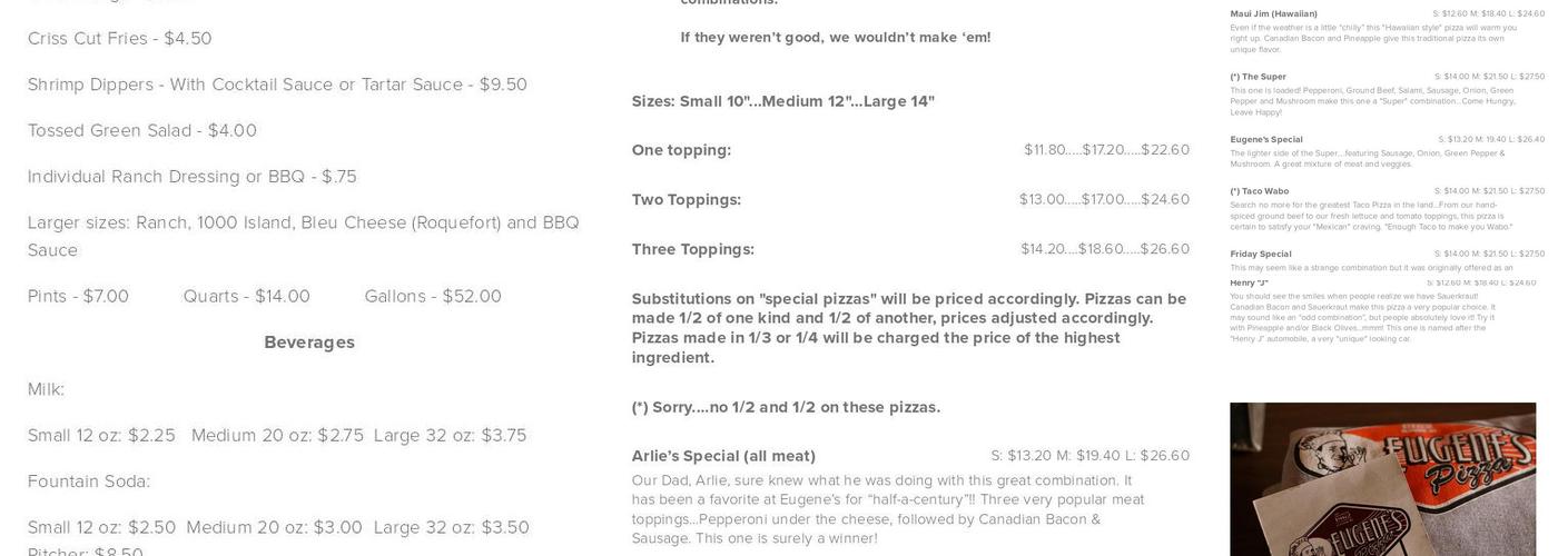 Eugene's Pizza Menu