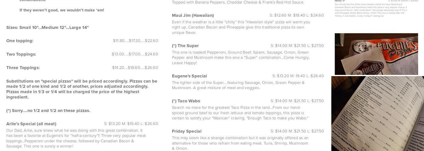 Eugene's Pizza Menu