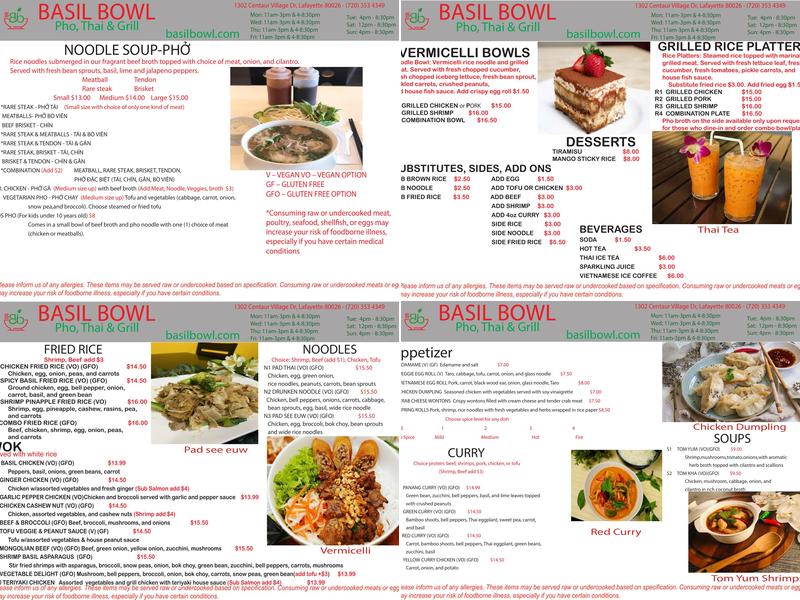 Basil Bowl Menu
