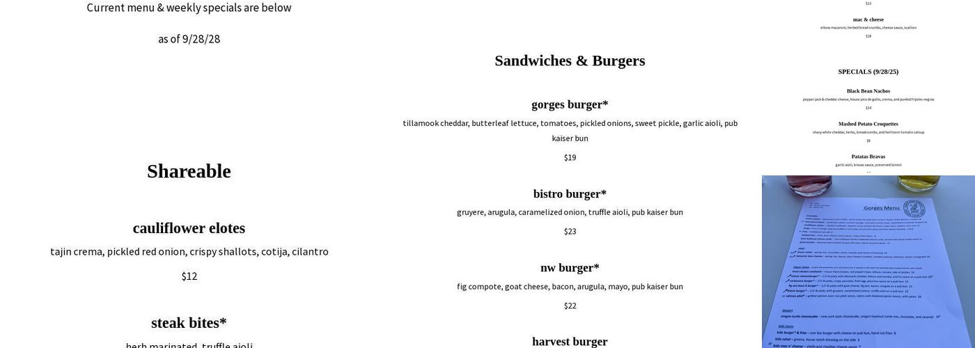 Gorges Beer Co. Menu