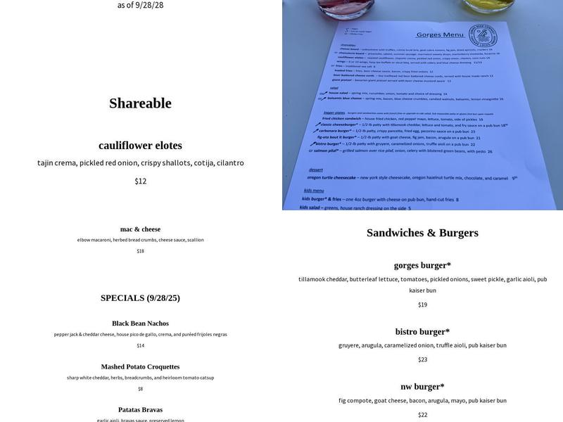 Gorges Beer Co. Menu