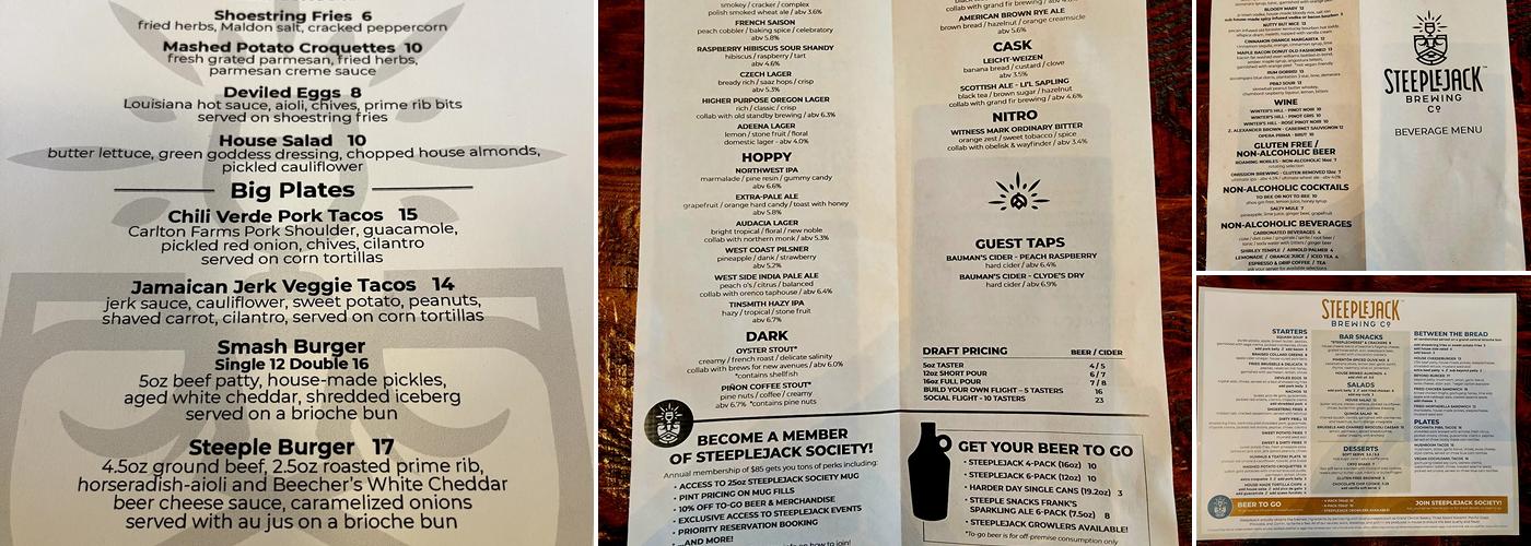 Steeplejack Brewing Company Menu