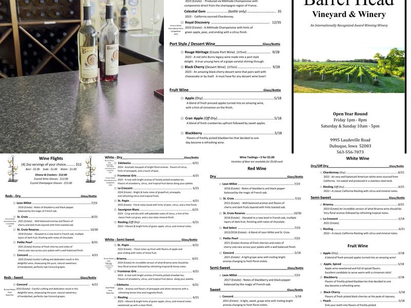 Barrelhead Winery Menu