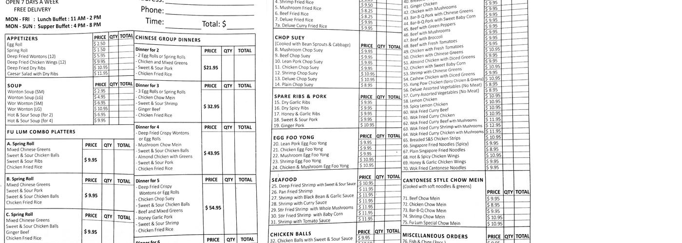 Fu Lum Chinese and Canadian Restaurant Menu