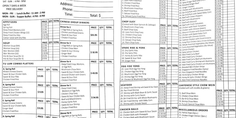 Fu Lum Chinese and Canadian Restaurant Menu