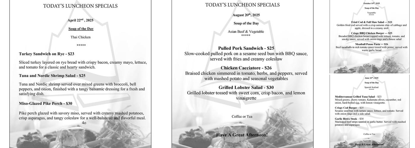 The Granite Room Menu