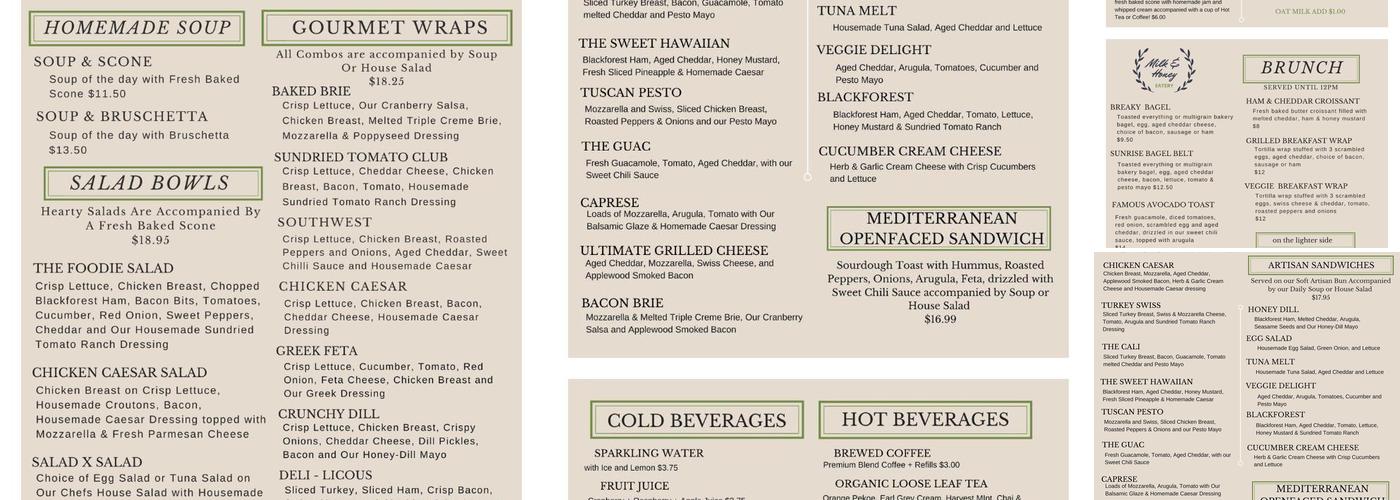 Milk & Honey Eatery Menu