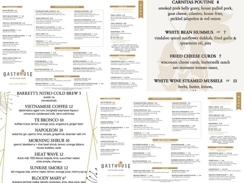 Oasthouse Kitchen + Bar Menu