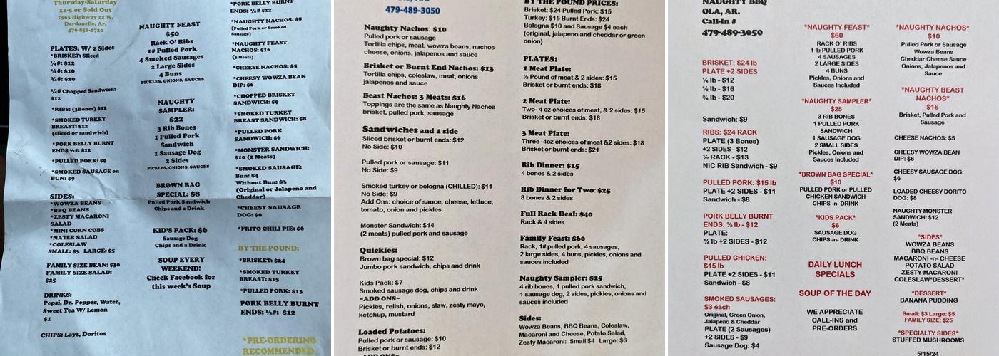 Naughty BBQ Menu