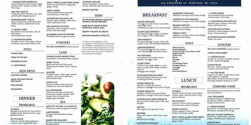 Hilltop At Montauk Manor Menu