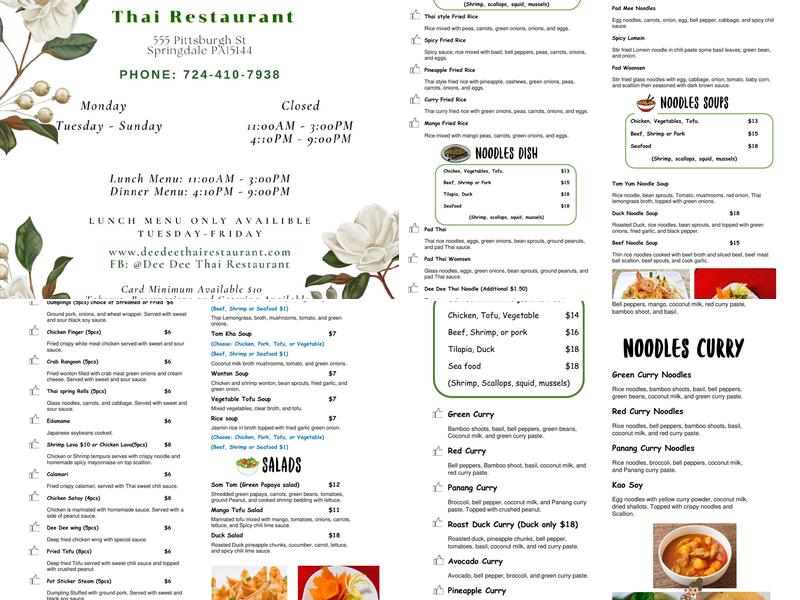 Dee Dee Thai Restaurant Menu