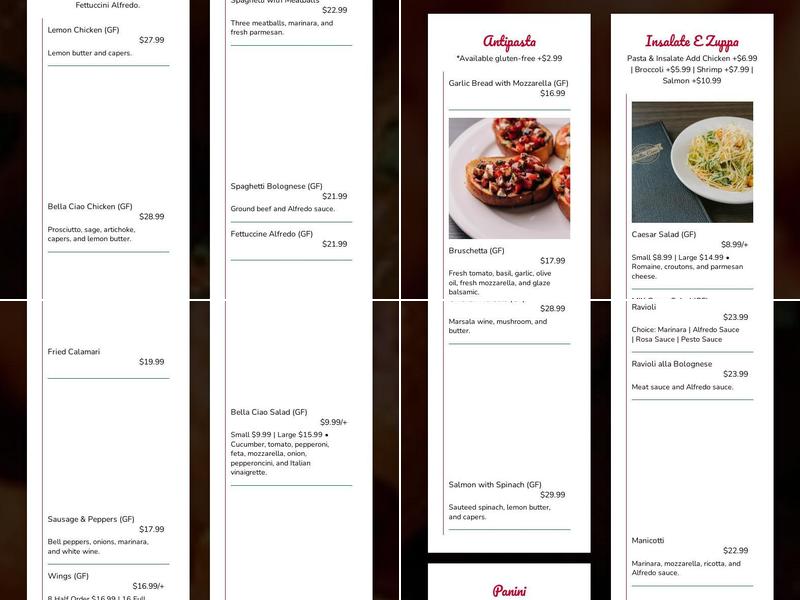 Bella Ciao Pasta and Bar Ristorante Menu