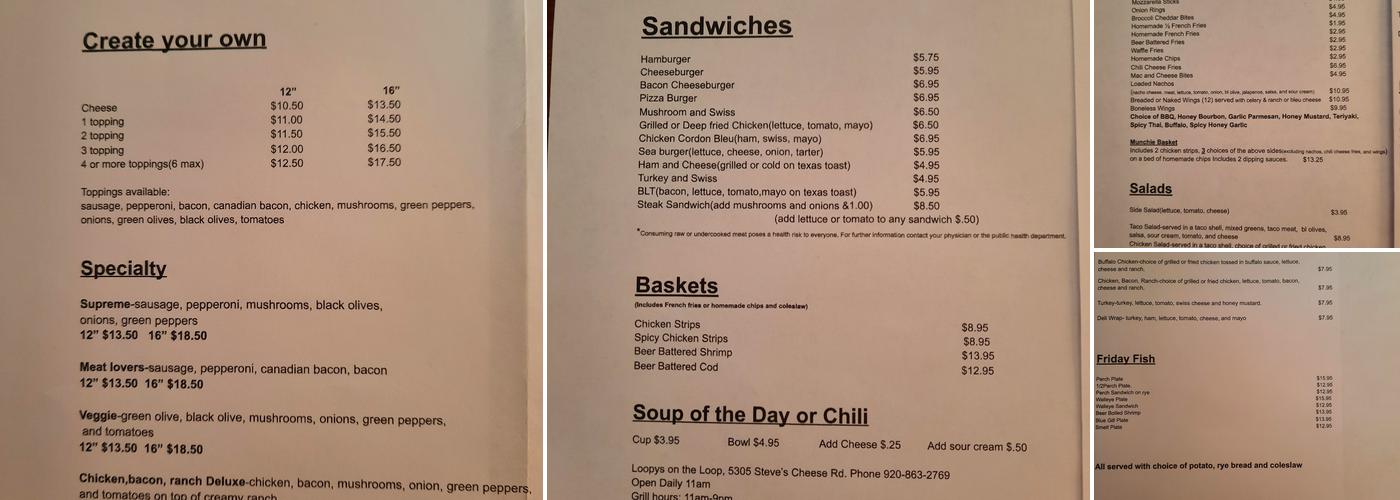 Loopys on the Loop Bar and Grill Menu