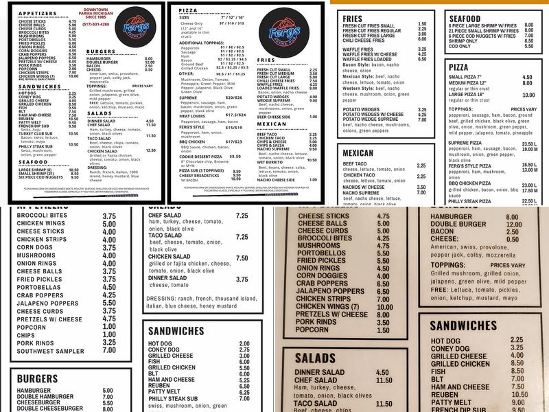 Fergs Parma Pub Menu