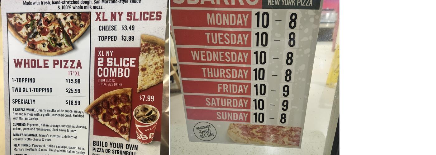 Sbarro Menu