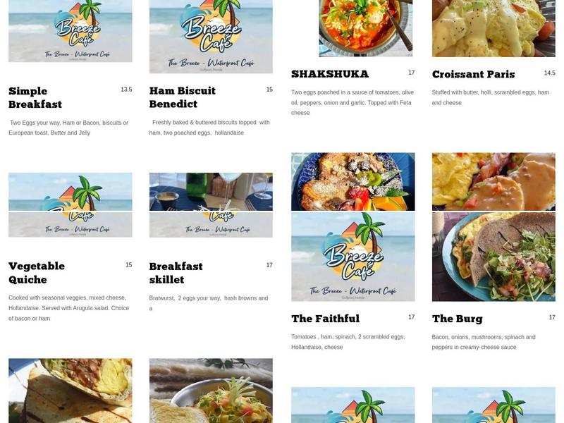 The Breeze Waterfront Cafe Menu